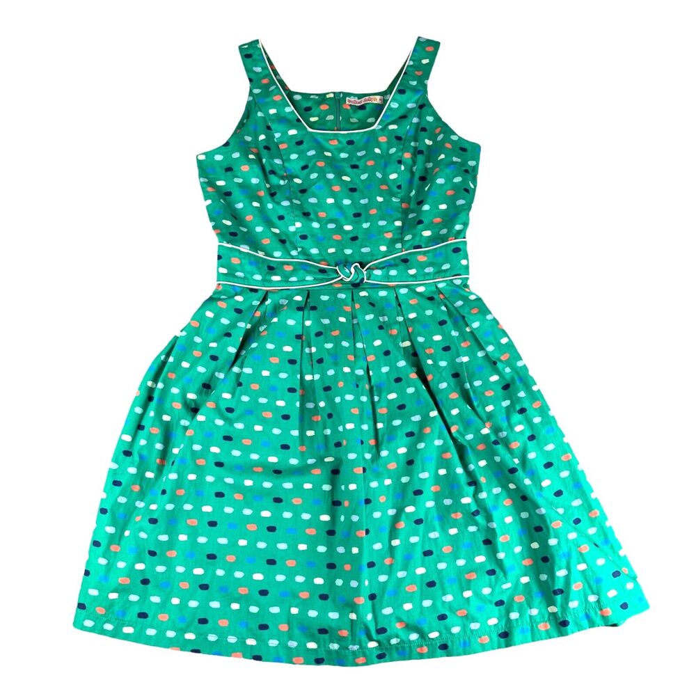 Trollied Dolly Dress Women's Medium Green Sleeveless Spotted Cotton Teal Flare